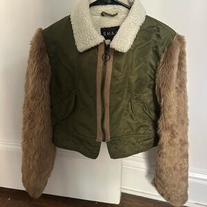 Olive Green and Tan Faux Fur Women's Jacket
